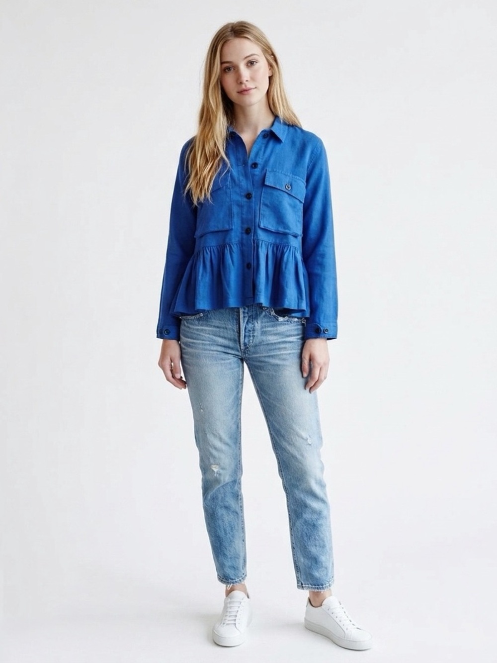 THE GREAT. NWT Royal Blue Peplum Button-Front Flutter Army Jacket Size L